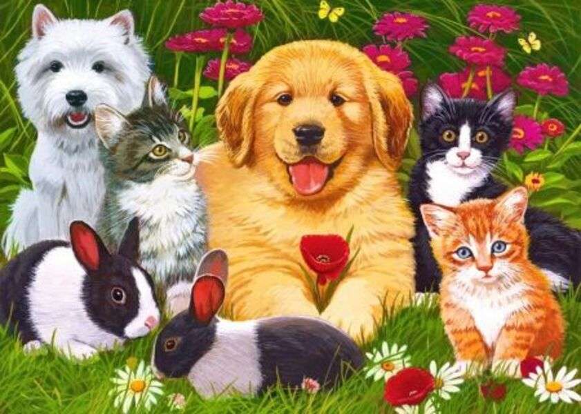Psy, koty i króliki w ogrodzie puzzle online
