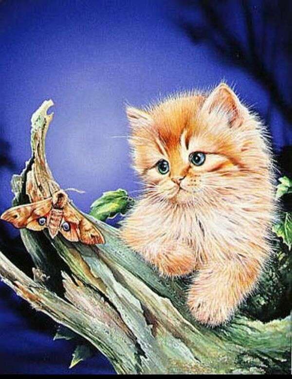 kotek siedzący na pniu drzewa puzzle online