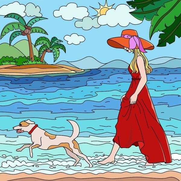 Pani i jej pies spacerują po plaży? puzzle online