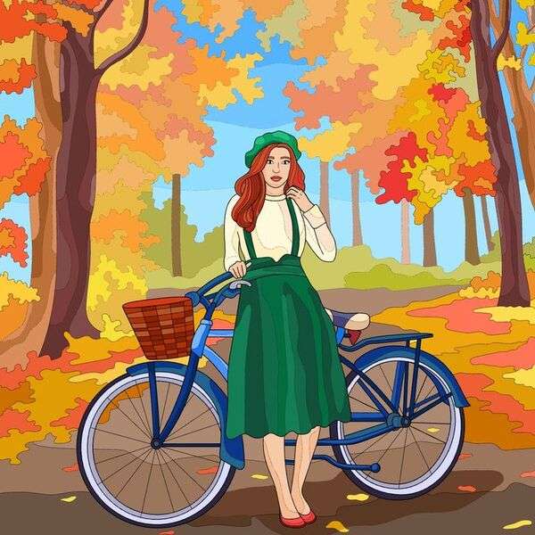 Dziewczyna jeździ na rowerze przez las puzzle online