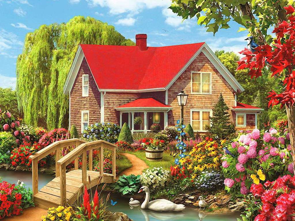 dom z czerwonym dachem z mostem puzzle online