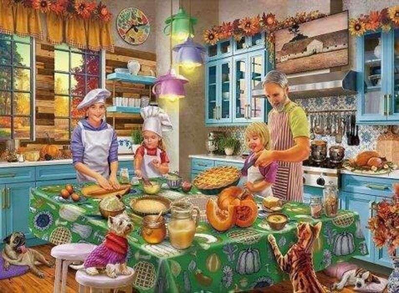 Rodzina przygotowuje obiad na Święto Dziękczynienia puzzle online