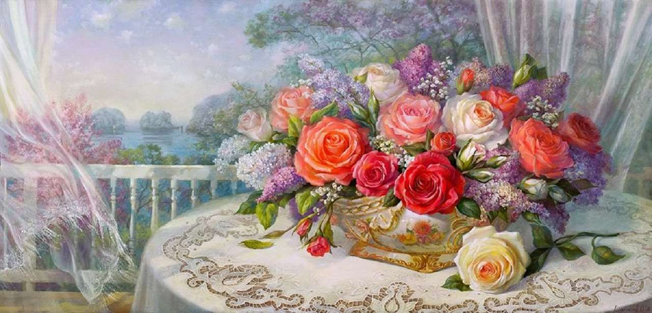 Pokój z widokiem i kwiatowym układem róż puzzle online