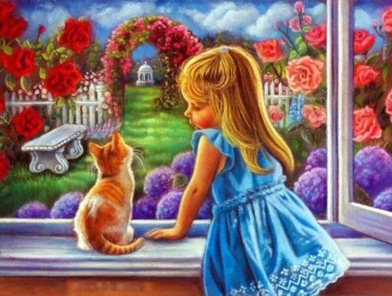Mała dziewczynka z kotkiem przy oknie puzzle online