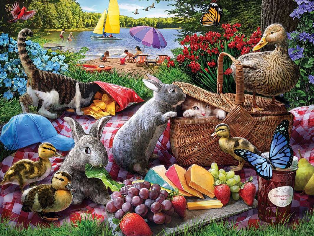 zwierzęta jedzące z kosza piknikowego puzzle online