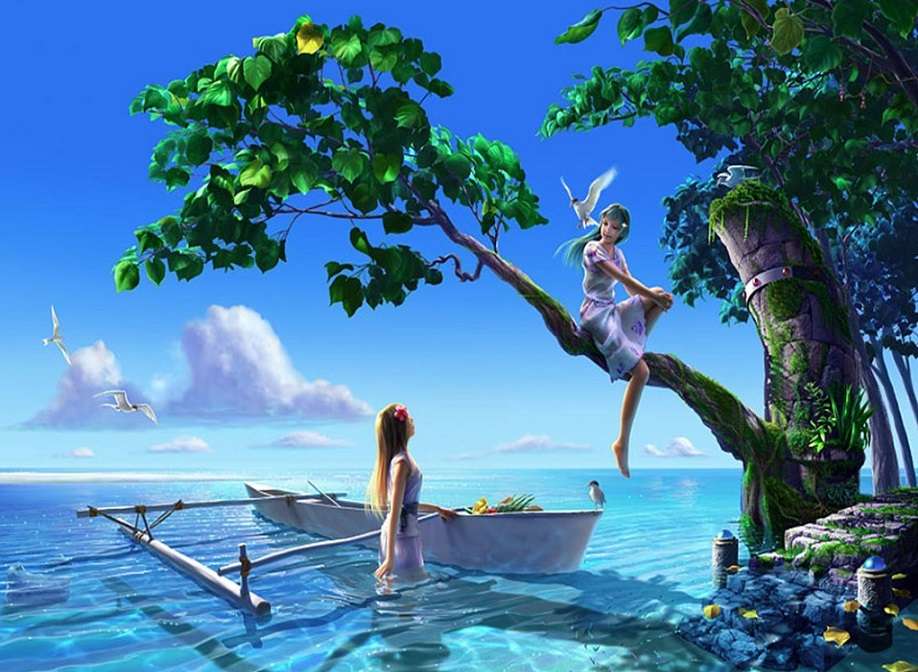 kobieta wspięła się na drzewo nad morzem puzzle online