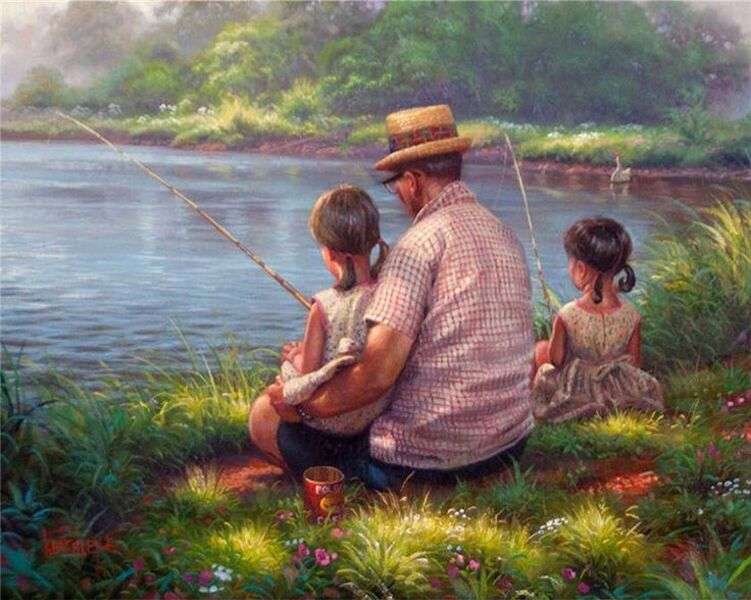 Dziadek i wnuczki łowią ryby puzzle online