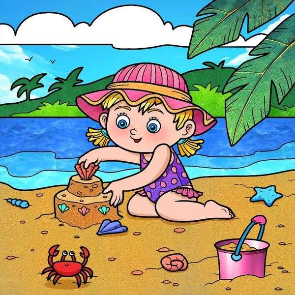 Mała dziewczynka bawi się na plaży puzzle online