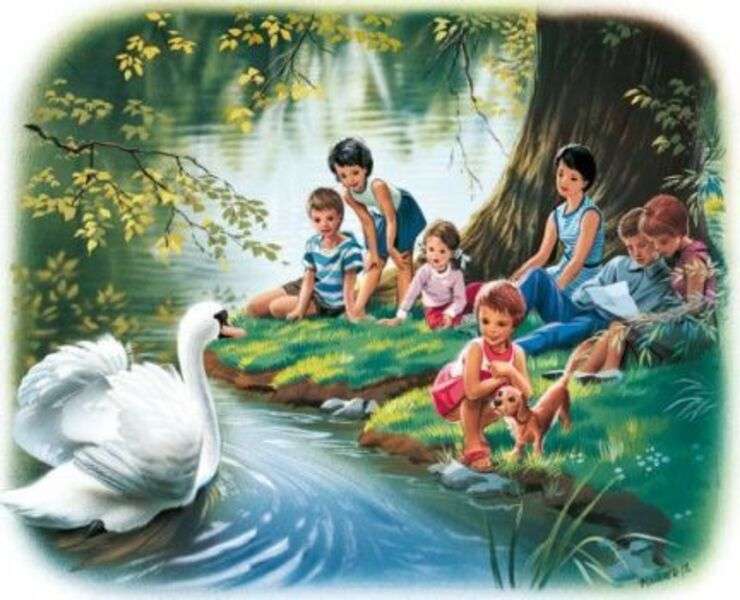 Dzieci patrzą na łabędzia w jeziorze puzzle online