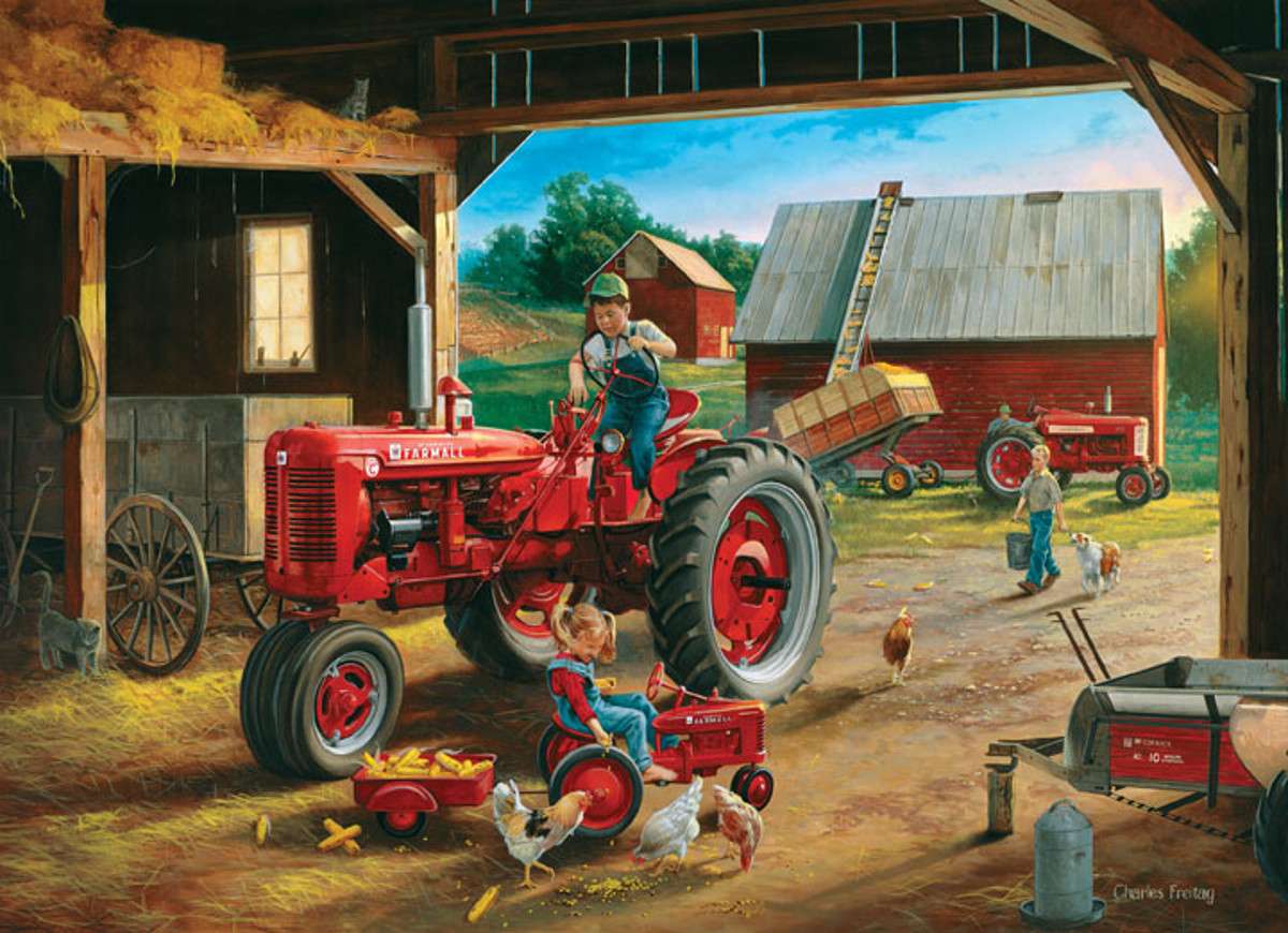 dzieci na czerwonym traktorze puzzle online