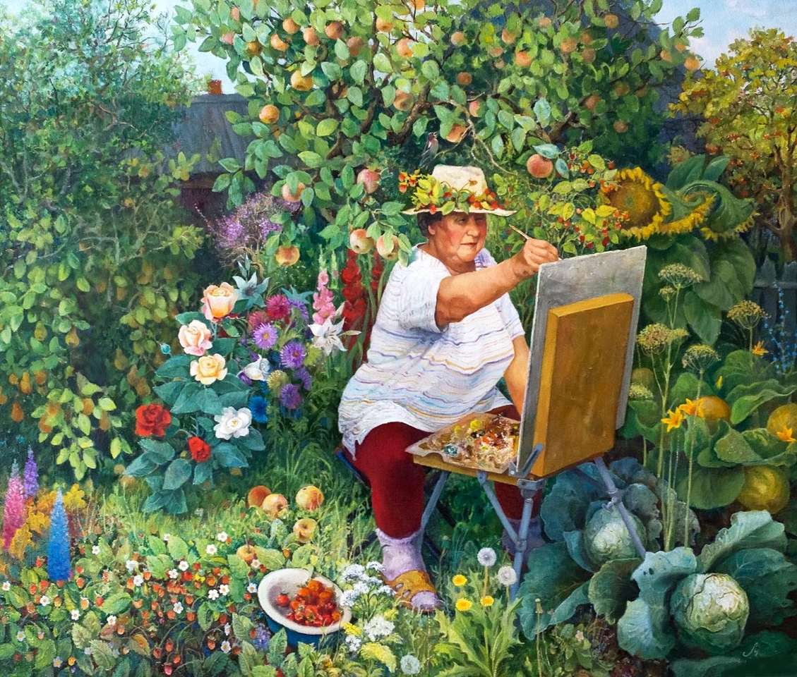 kobieta malująca w ogrodzie puzzle online
