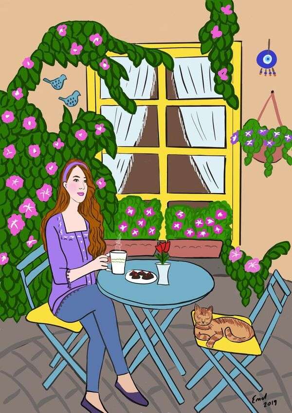Dziewczyna pije kawę na swoim tarasie puzzle online