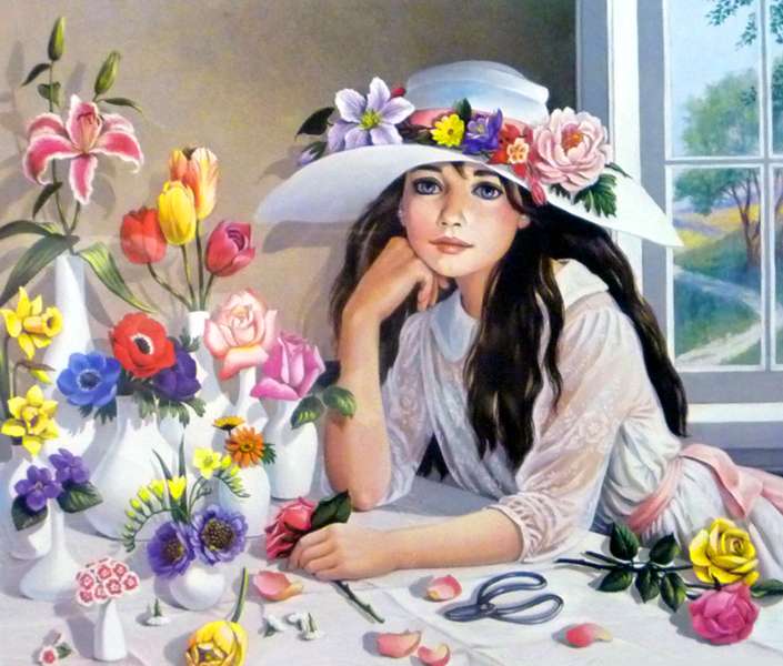 dziewczyna przygotowuje bukiety kwiatów puzzle online