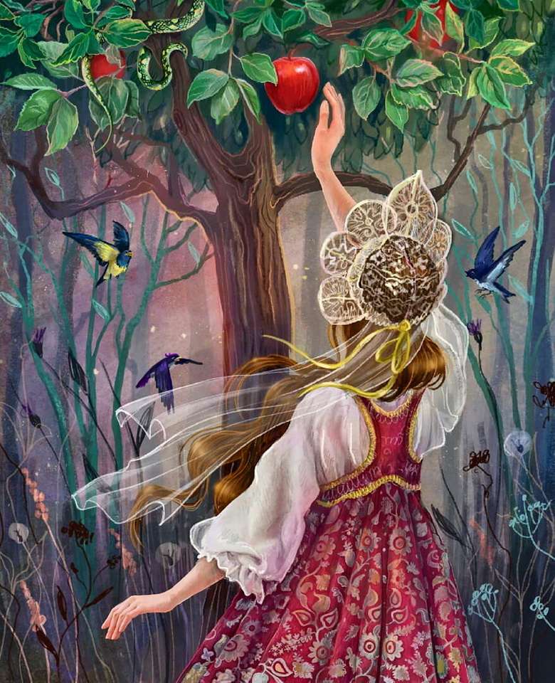 dziewczyna zbierająca jabłka z drzewa puzzle online