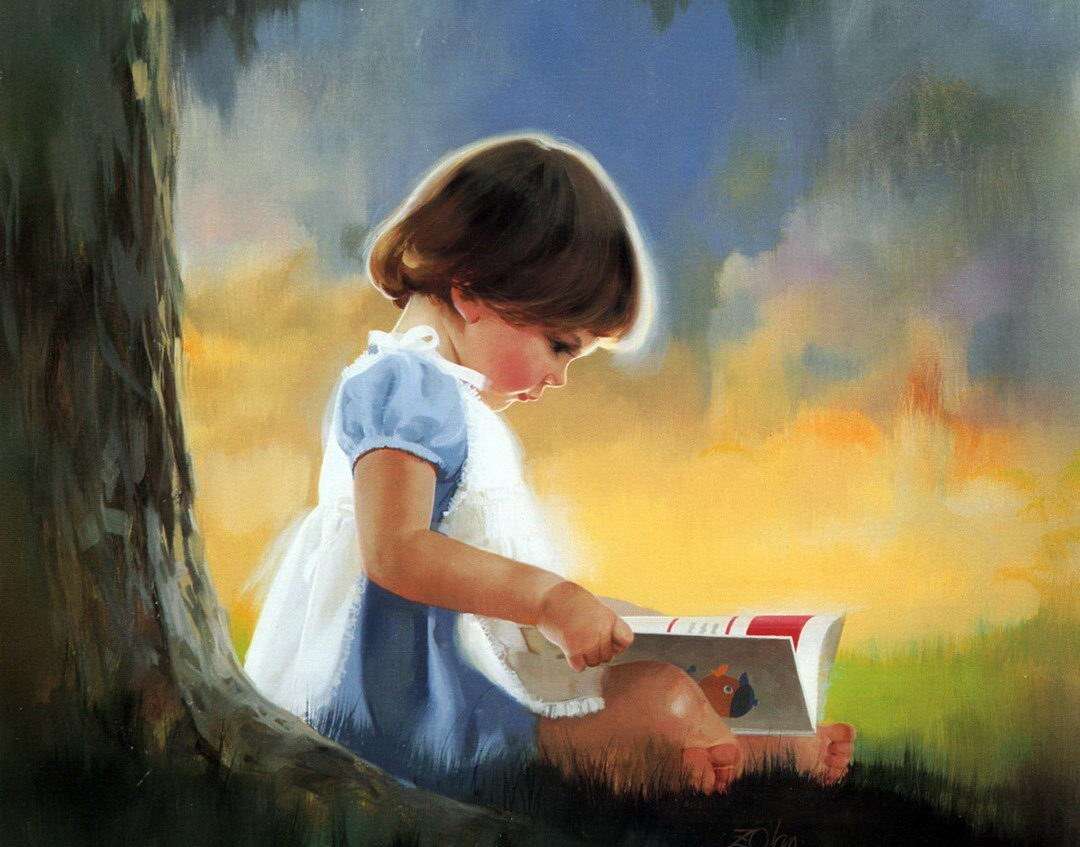 dziewczyna patrząca na książkę pod drzewem puzzle online