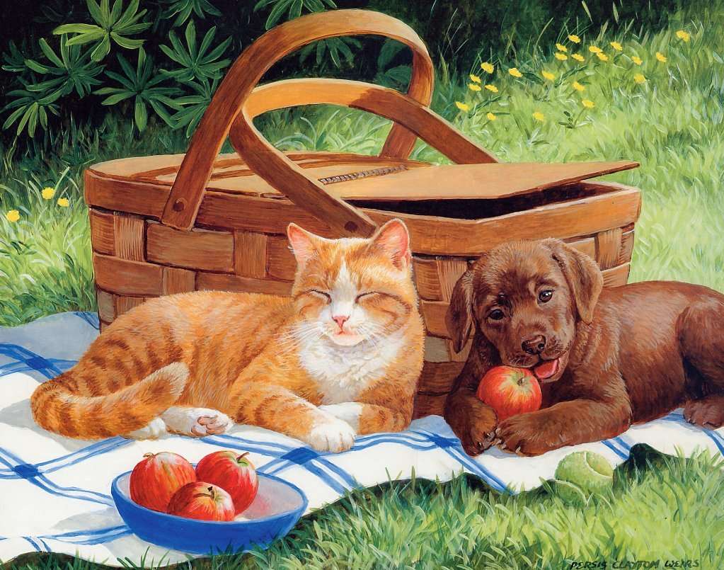 kotek i szczeniak z koszem piknikowym puzzle online