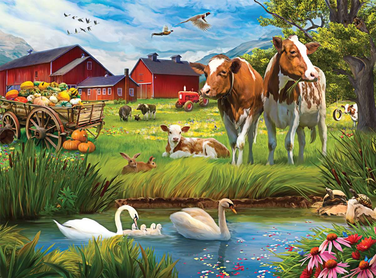 krowy w pobliżu stawu z łabędziami puzzle online