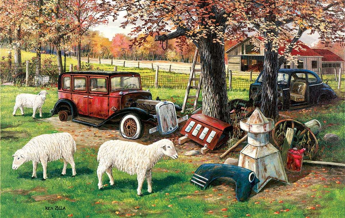 owce ze starymi samochodami puzzle online