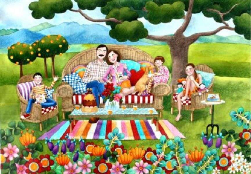 Rodzina zebrana w ogrodzie puzzle online