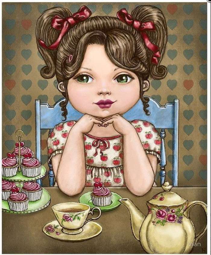 mała dziewczynka z kokardkami pijąca herbatę puzzle online