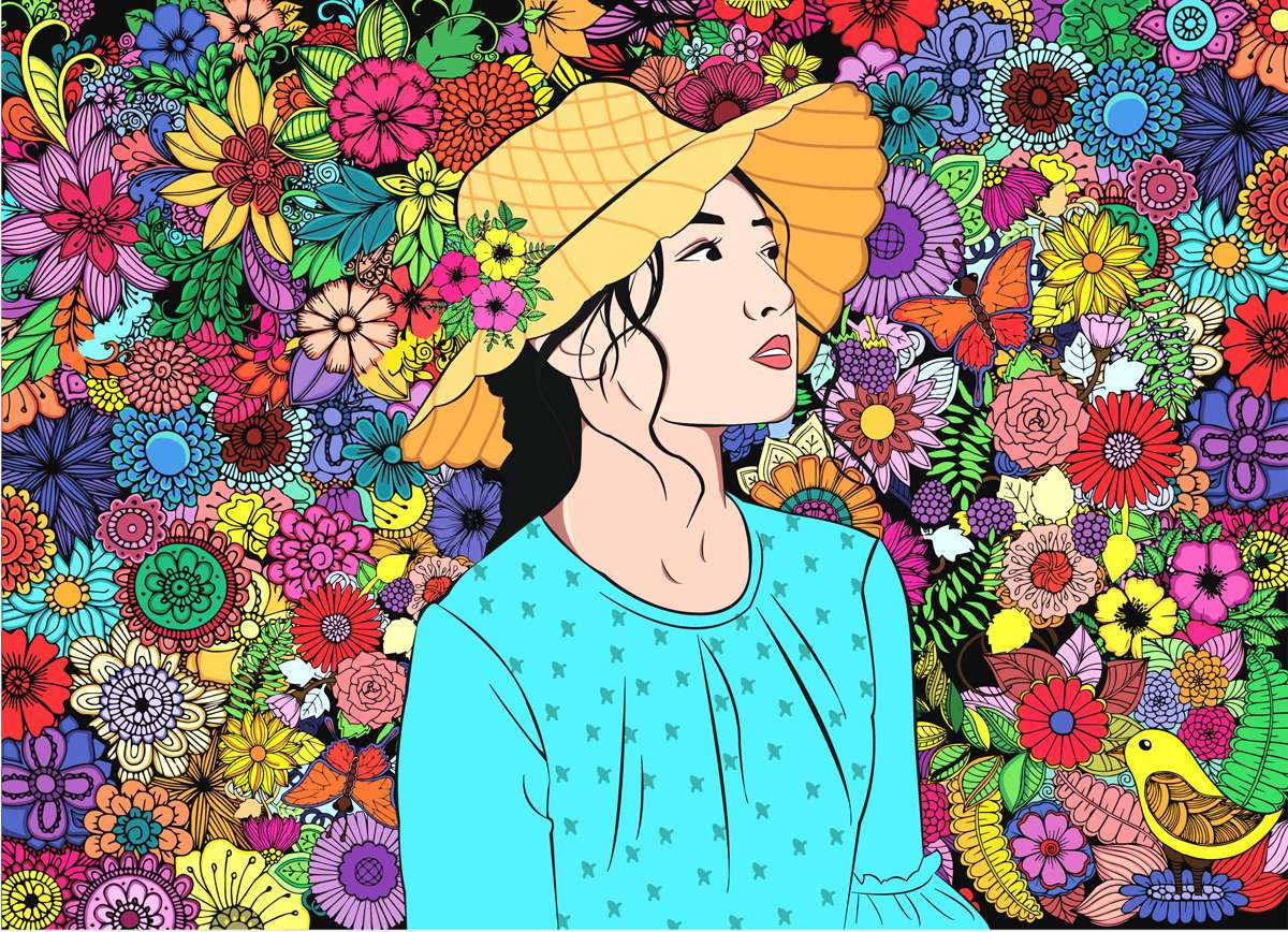 dziewczyna w kolorze niebieskim z kwiatowym tłem puzzle online