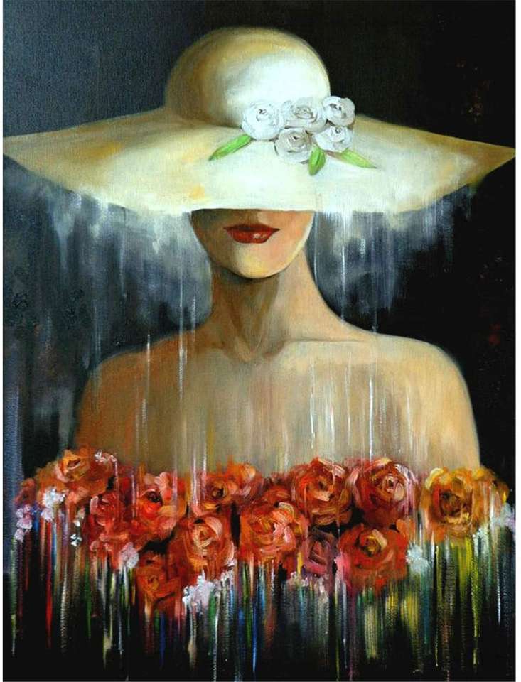 vrouw met witte pamela en rozen puzzel