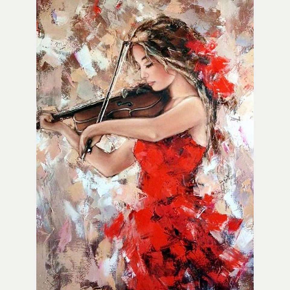dziewczyna w czerwieni grająca na skrzypcach puzzle online