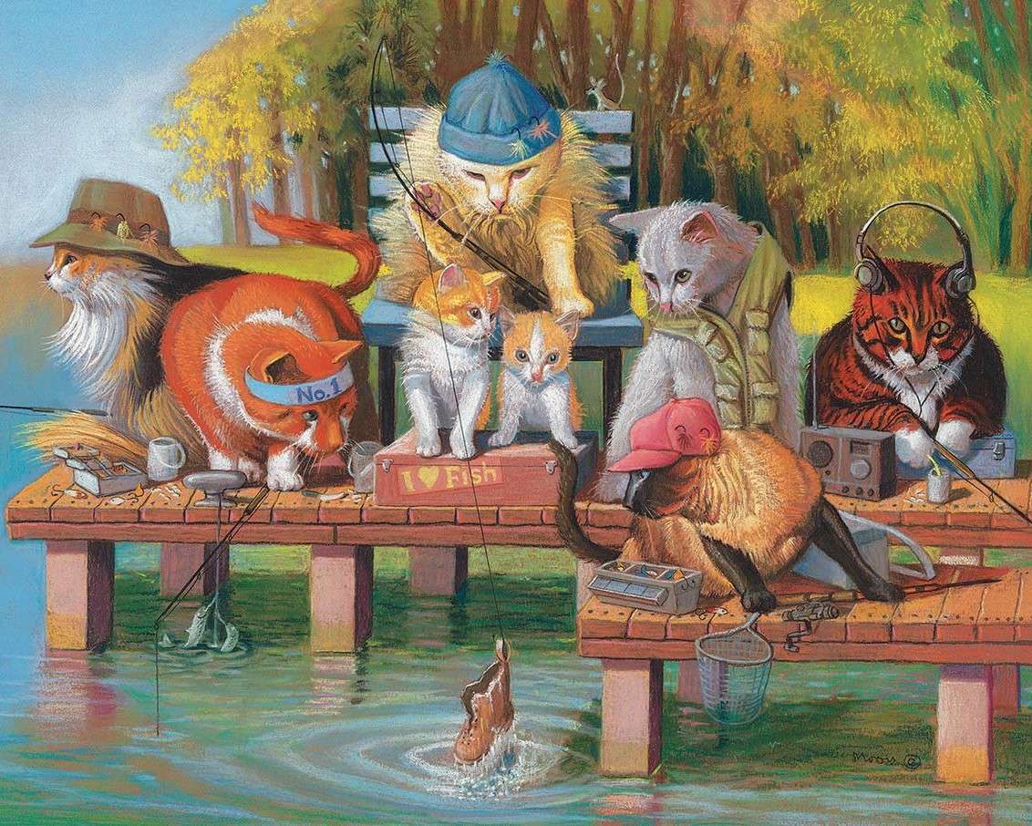 Relaksujące się kotki nad wodą- łowienie ryb puzzle online