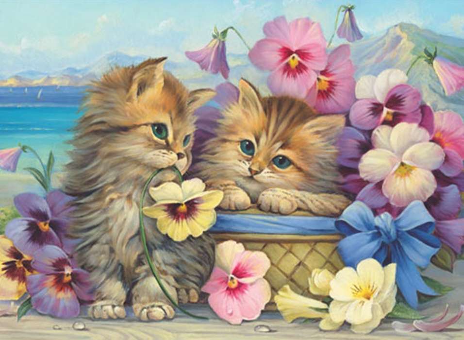 kotki wśród kwiatów puzzle online
