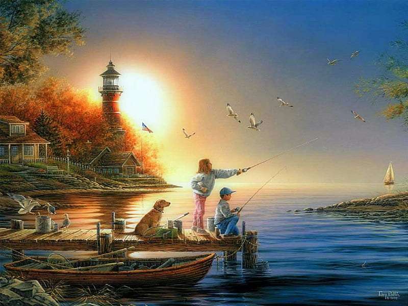 dzieci łowią ryby o wschodzie słońca puzzle online