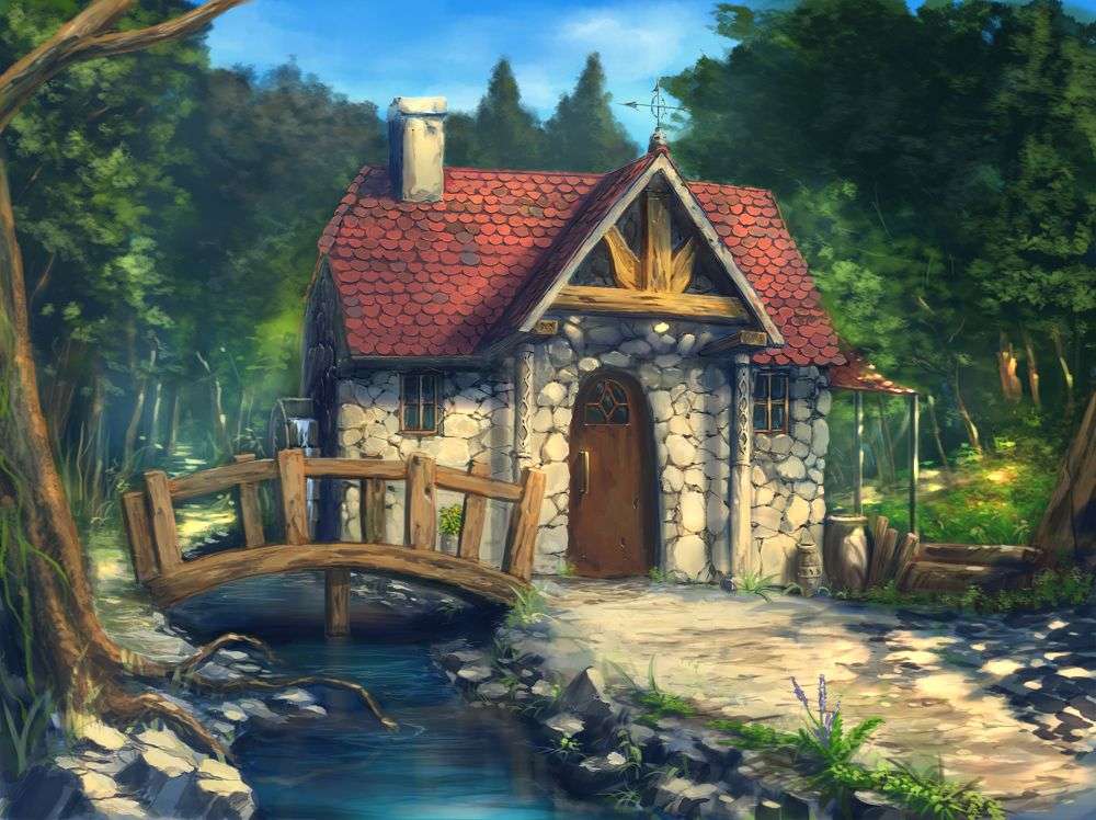 Rzeka z mostkiem przy domku puzzle online