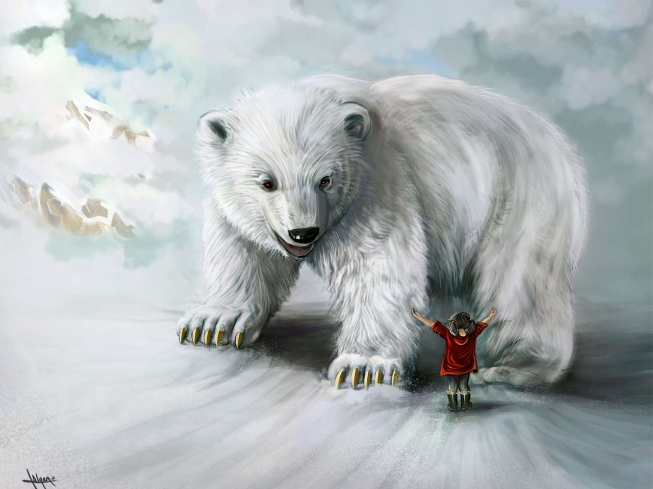 gigantyczny biały niedźwiedź i mała dziewczynka puzzle online