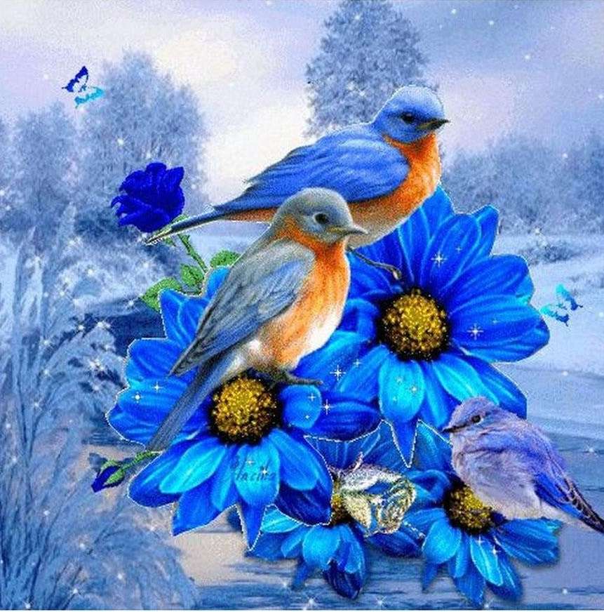 małe ptaszki w niebieskich kwiatach puzzle online