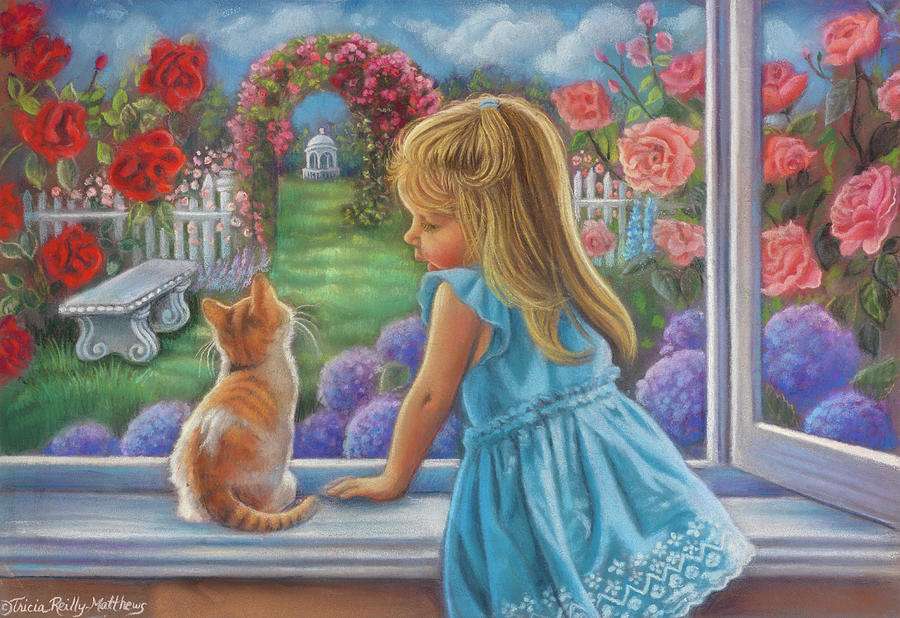 Mała dziewczynka z kotkiem przy oknie puzzle online