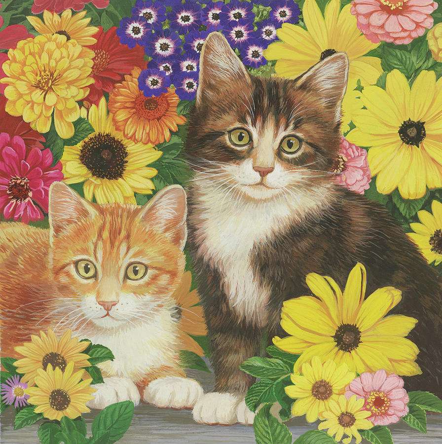 kotki wśród kwiatów puzzle online