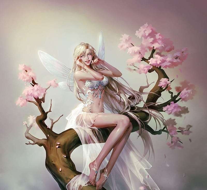 Fantasy- kobieta anioł, drzewo puzzle online