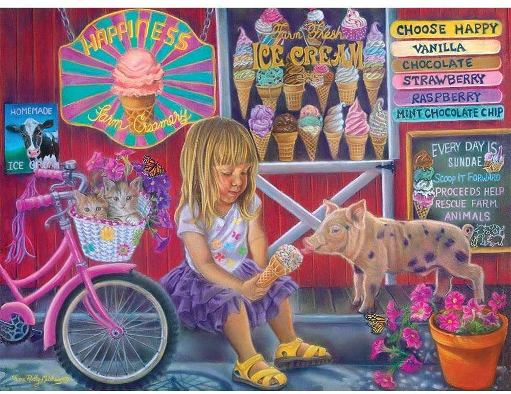 dziewczyna karmiąca świnię lody puzzle online