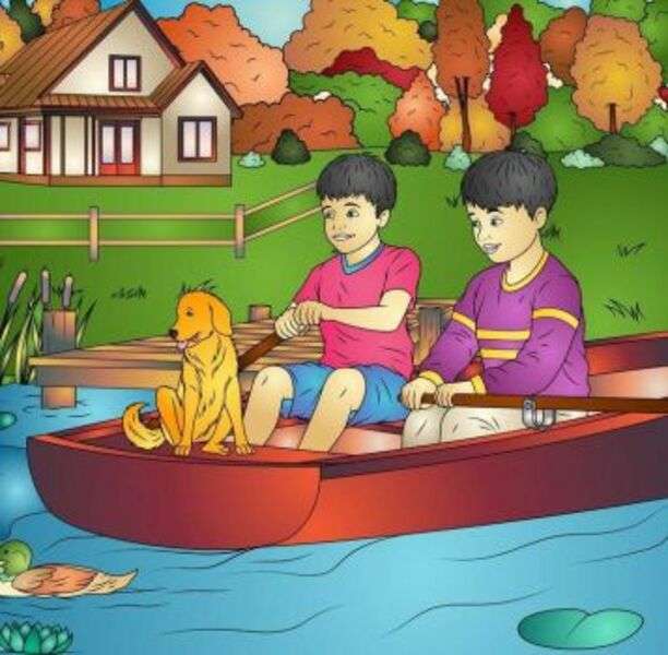 Dzieci w łodzi ze zwierzakiem puzzle online