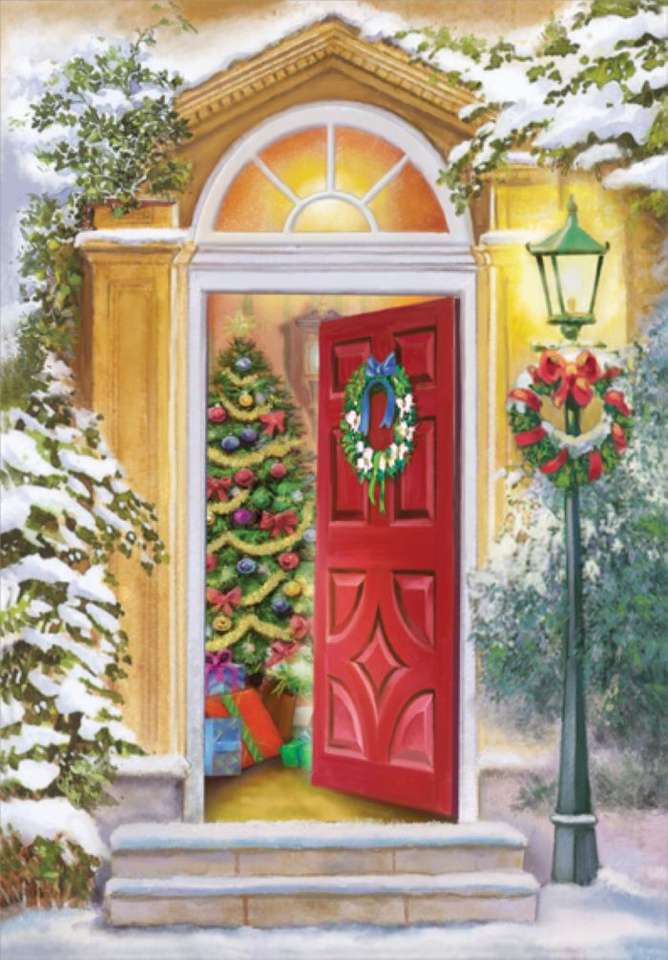 kartki-z-otwartymi-drzwiami-i-lampkami-po-boze Narodzenie puzzle online