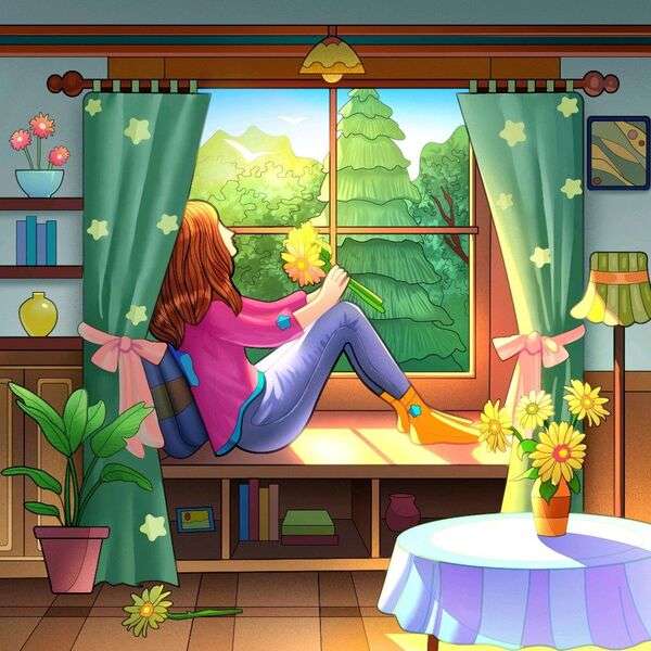 Dziewczyna wygląda przez okno puzzle online