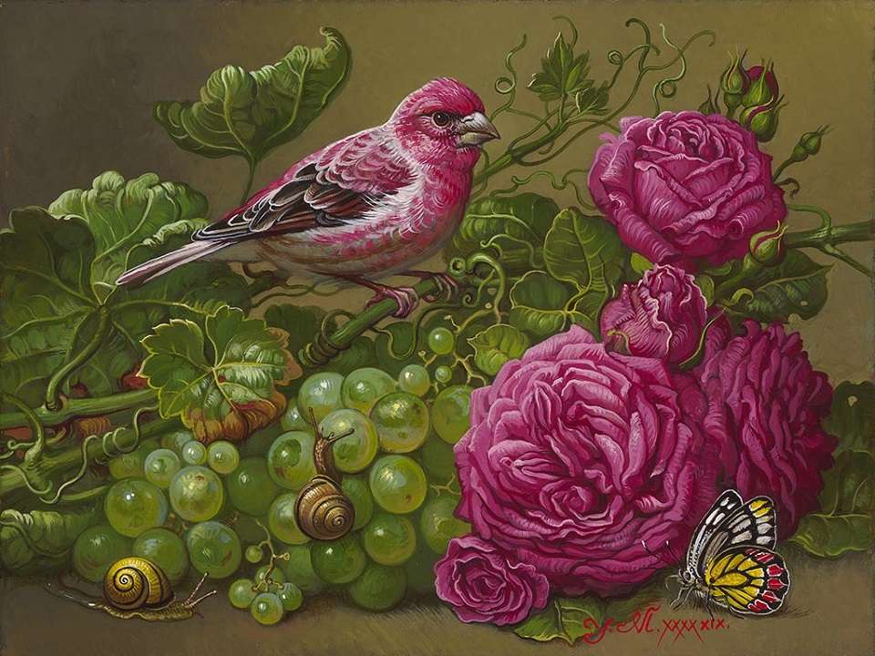 ptaszek między winogronami i różowymi kwiatami puzzle online