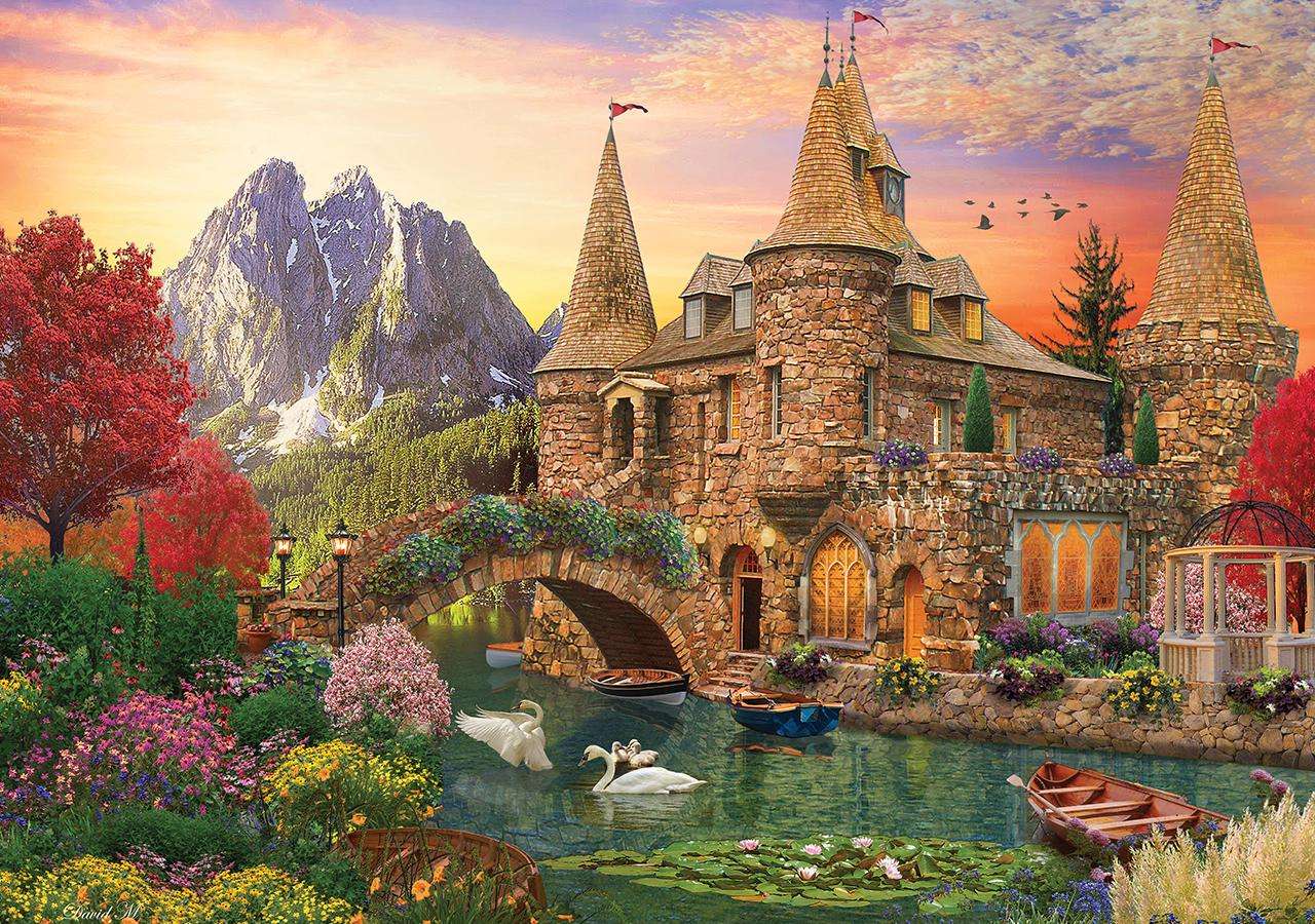 Zamek przy rzece w górach puzzle online