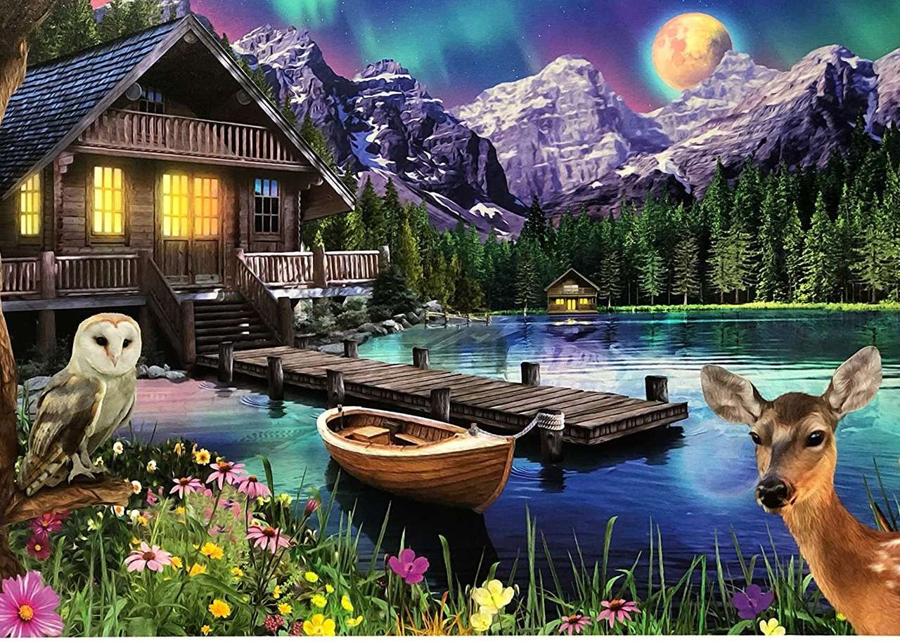Dom z kładką na jeziorze w górach puzzle online