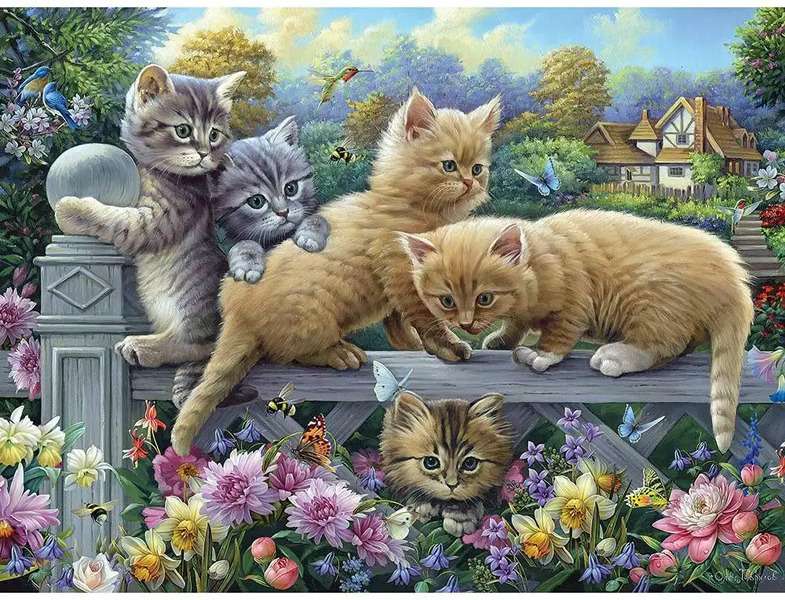 Kocięta wąchają wśród kwiatów #138 puzzle online