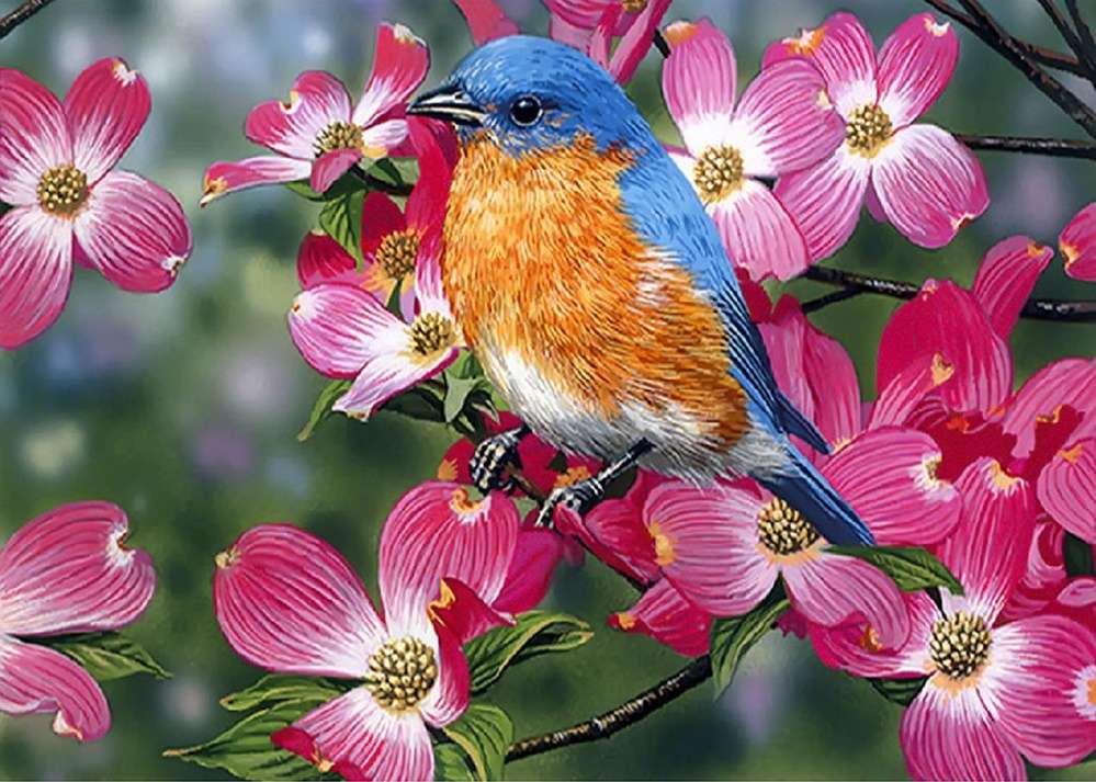 ptak wśród różowych kwiatów puzzle online