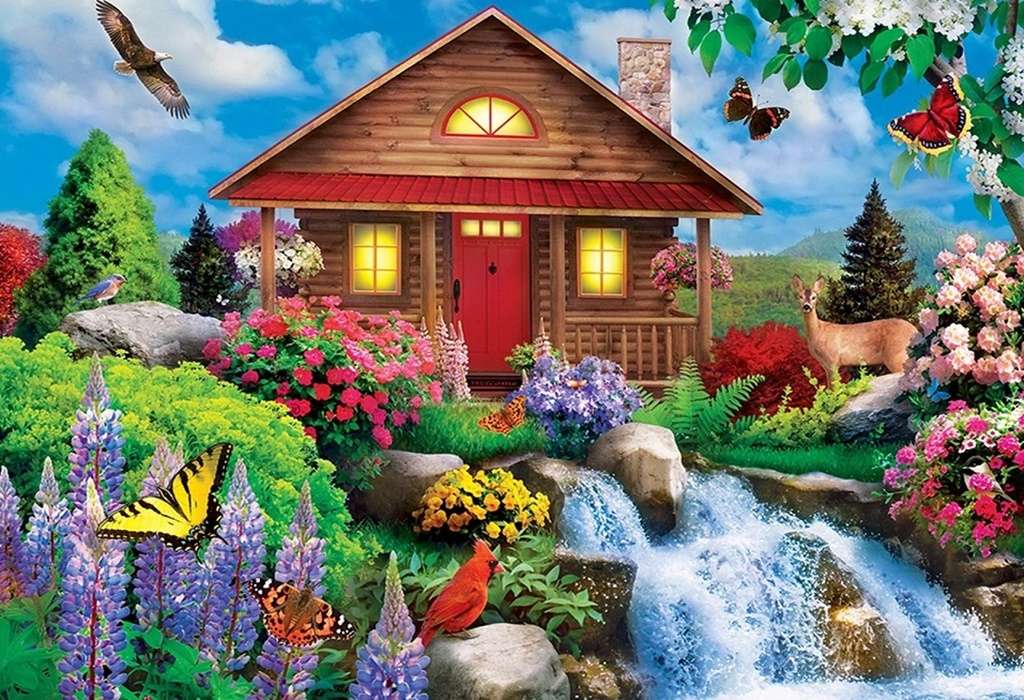 dom z wodospadem puzzle online