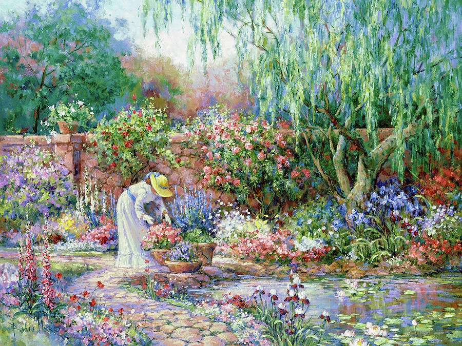 kobieta dbająca o kwiaty w ogrodzie puzzle online