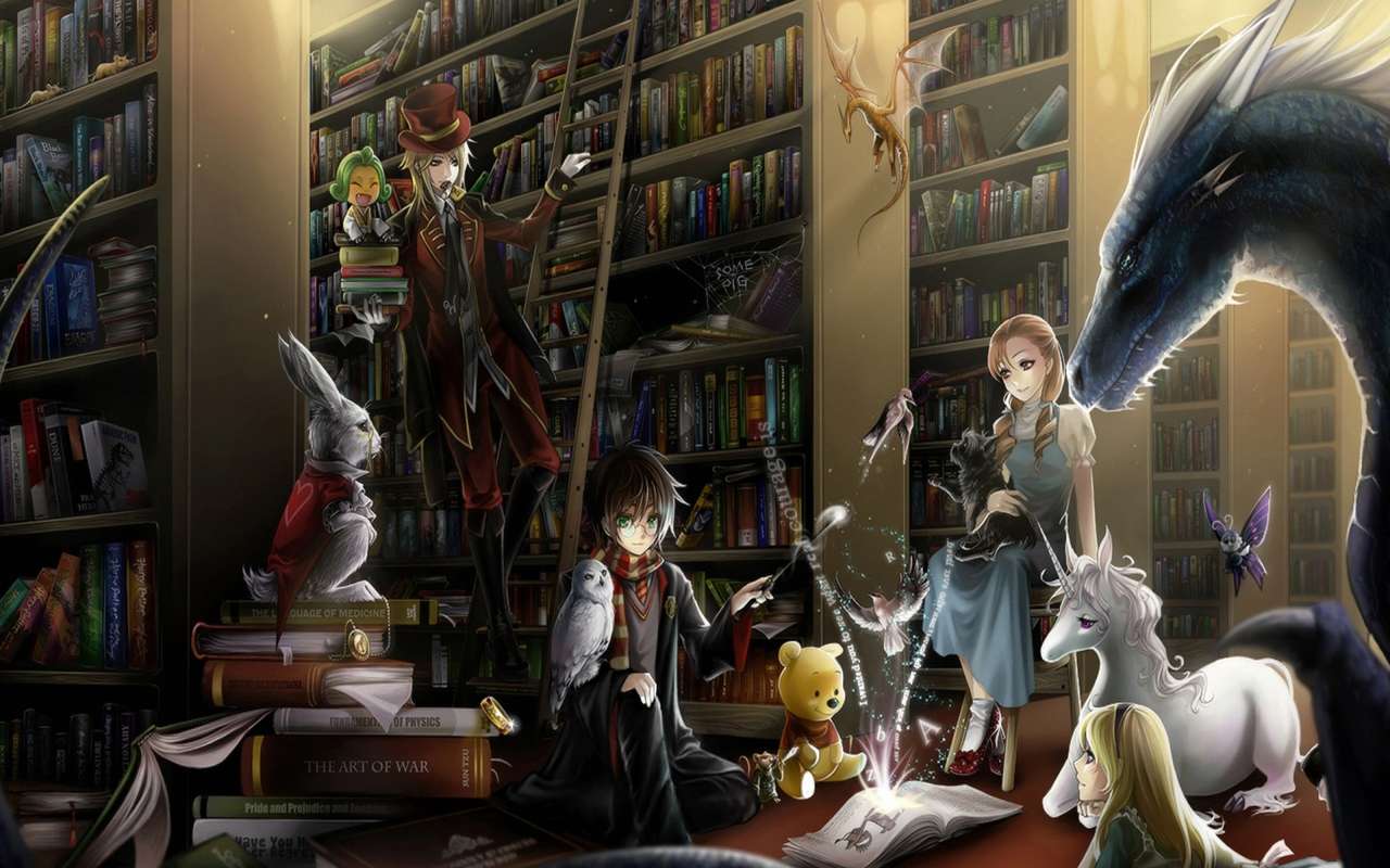 postacie fantasy w bibliotece puzzle online