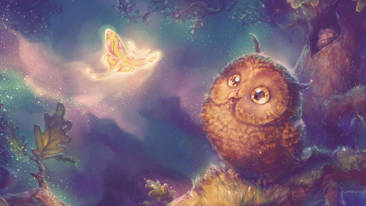 bajkowy motyl i małe sowy puzzle online