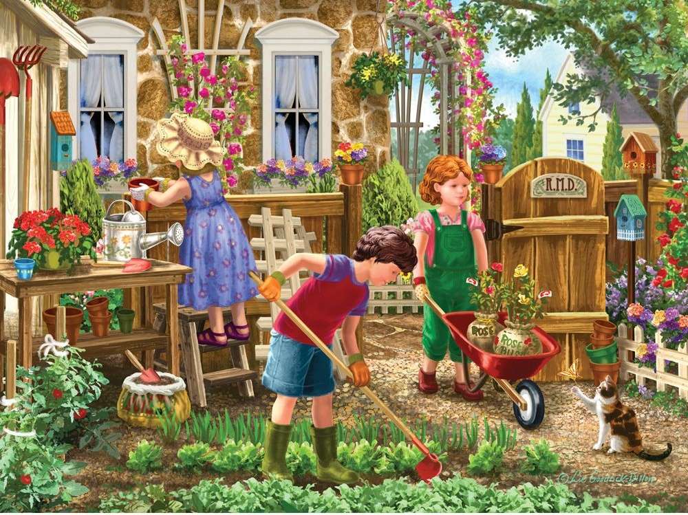 dzieci pracujące w ogrodzie puzzle